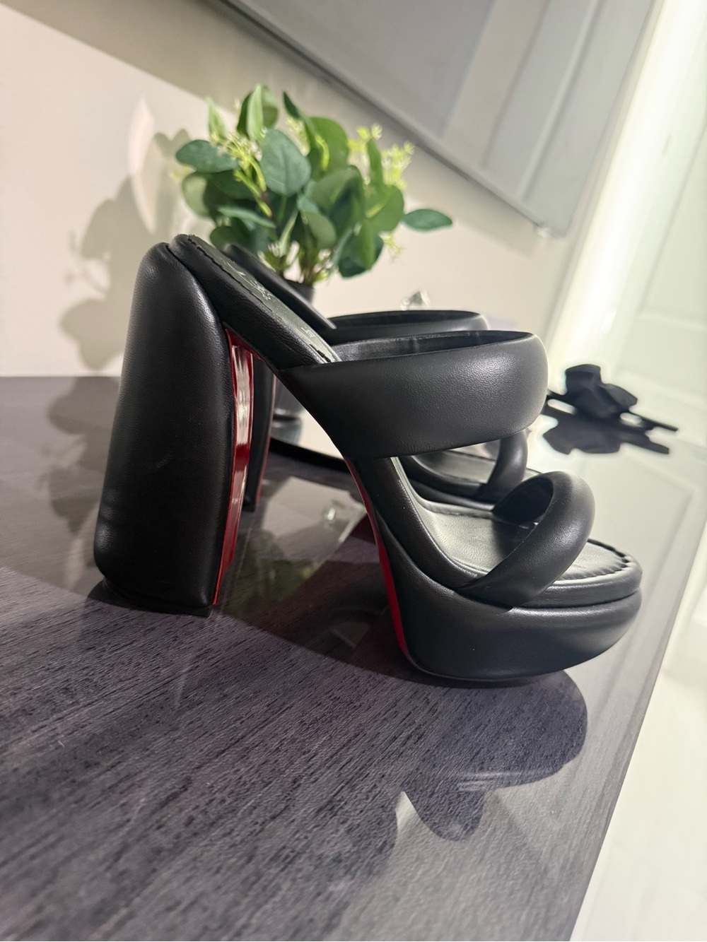 Christian Louboutin Black Padded Platform Slide Mules with Red Sole